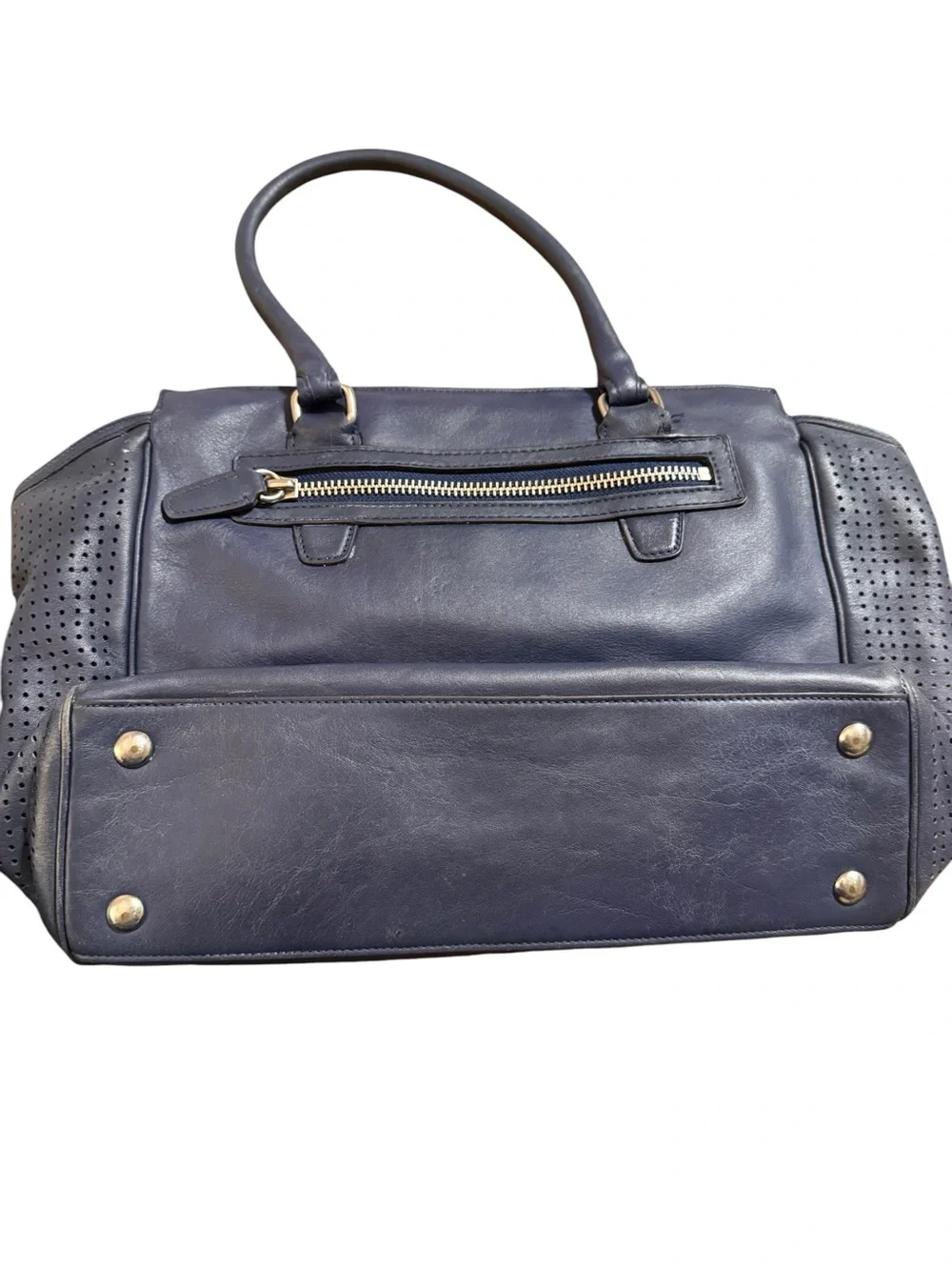 PROJECT BAG! COACH Navy Leather Perforated Tote with Yellow Tassel Charm - Picture 2 of 14